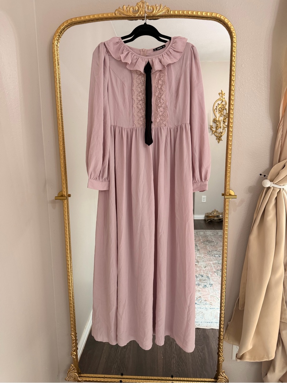 SHEIN Dusty Pink Ruffled Collar Maxi Dress with Black Tie
